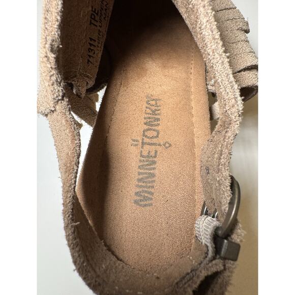 Minnetonka Sz 7 Espadrille Wedge Tan Sandal Ashley Fringe Suede Leather - Picture 7 of 8